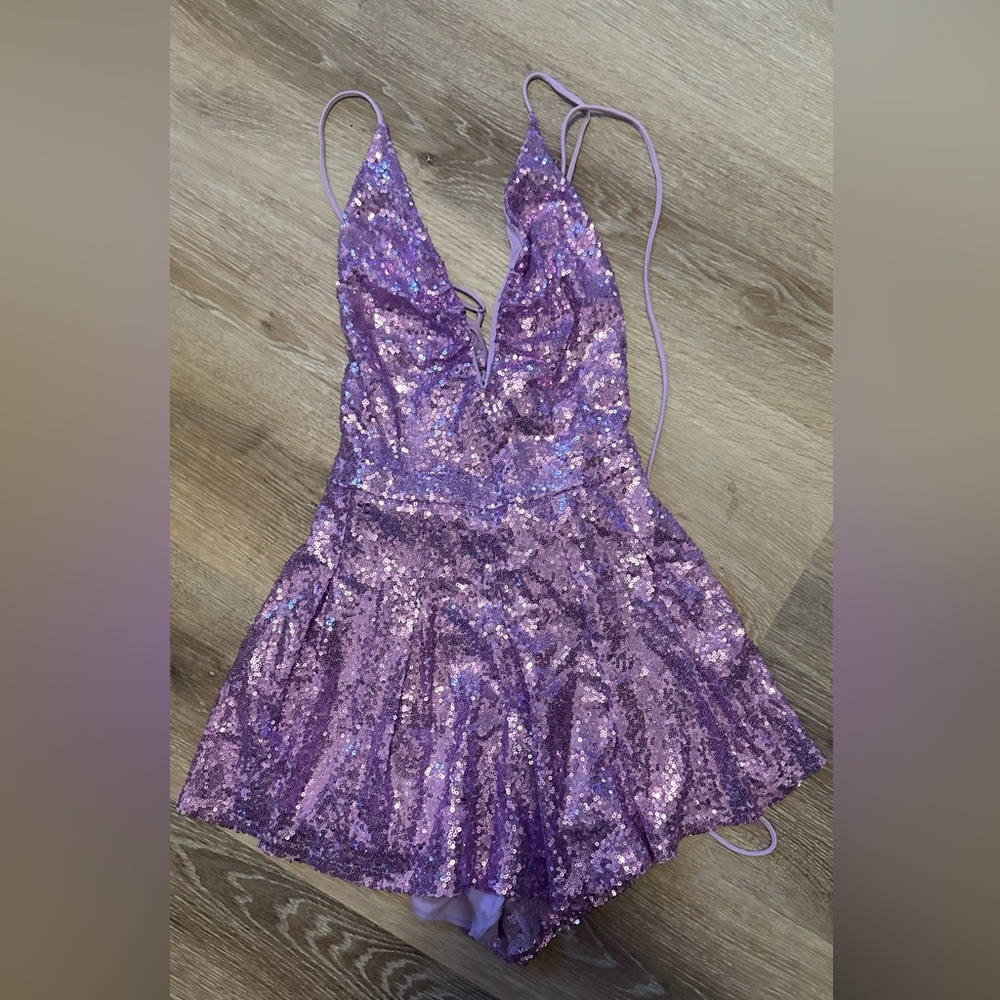 Lucy in the Sky tie up back purple sequin romper